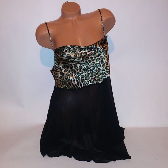 Secret Treasures Lingerie Chemise Babydoll Large Black Leopard Sheer Sleepwear - Picture 2 of 8